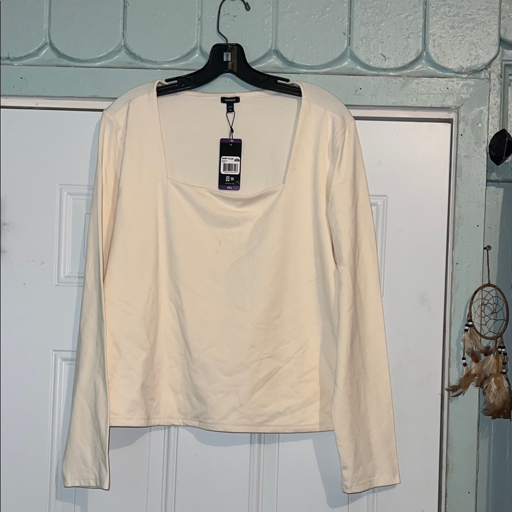 Express Square Neck Ribbed Long-Sleeve Top - Light Cream - Picture 2 of 4